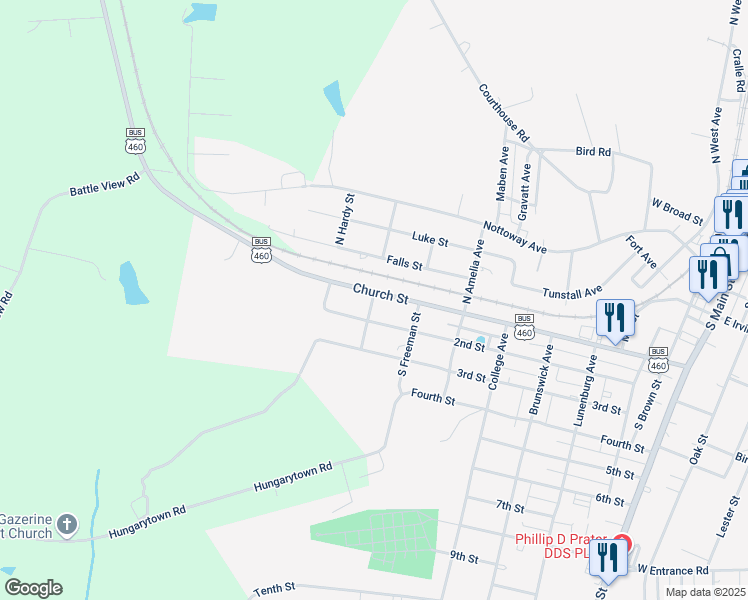 map of restaurants, bars, coffee shops, grocery stores, and more near 901 Church Street in Blackstone
