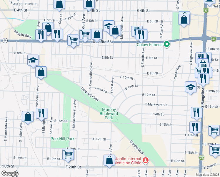map of restaurants, bars, coffee shops, grocery stores, and more near 1040 S Forest Ave in Joplin