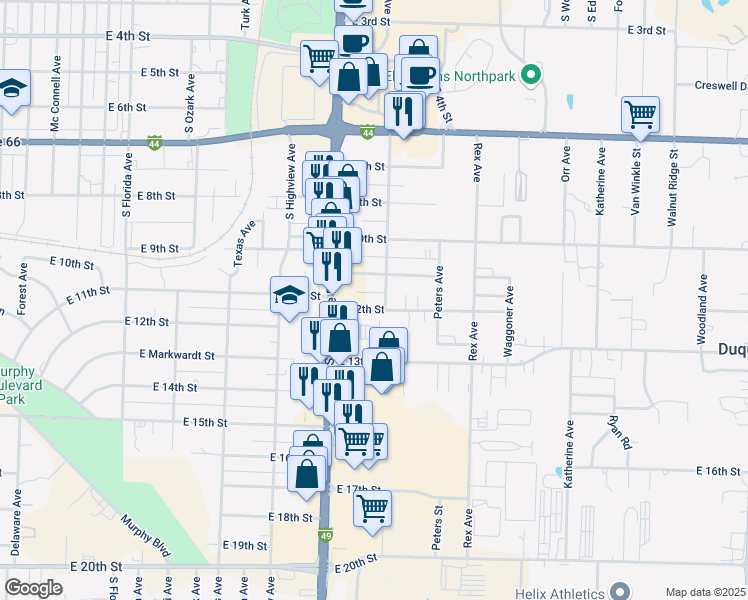 map of restaurants, bars, coffee shops, grocery stores, and more near 3037 East 12th Street in Joplin