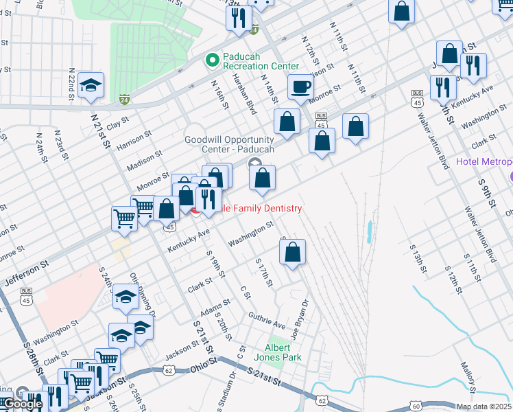 map of restaurants, bars, coffee shops, grocery stores, and more near Kentucky Avenue in Paducah