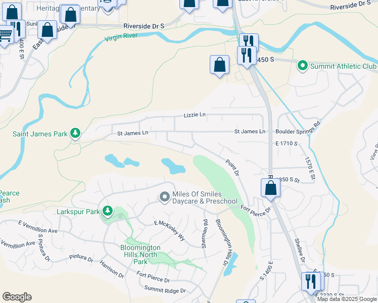 map of restaurants, bars, coffee shops, grocery stores, and more near 1094 East 1720 South in St. George