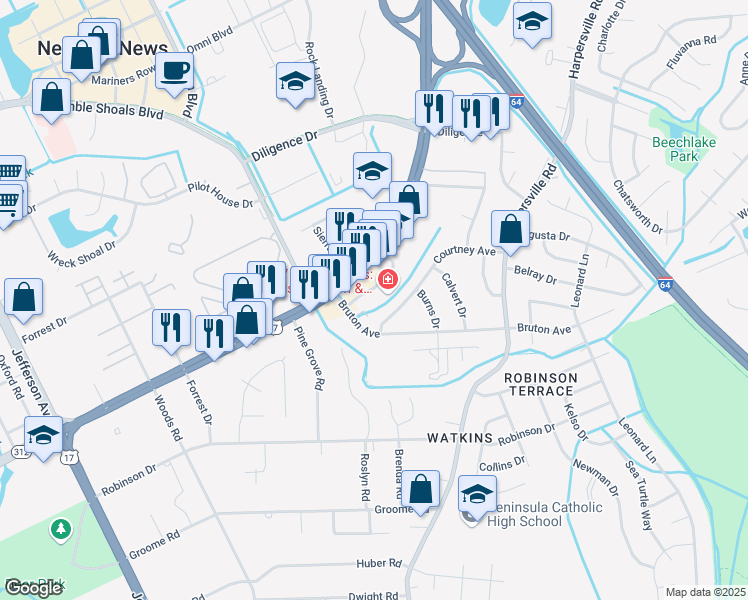 map of restaurants, bars, coffee shops, grocery stores, and more near 754 McGuire Place in Newport News