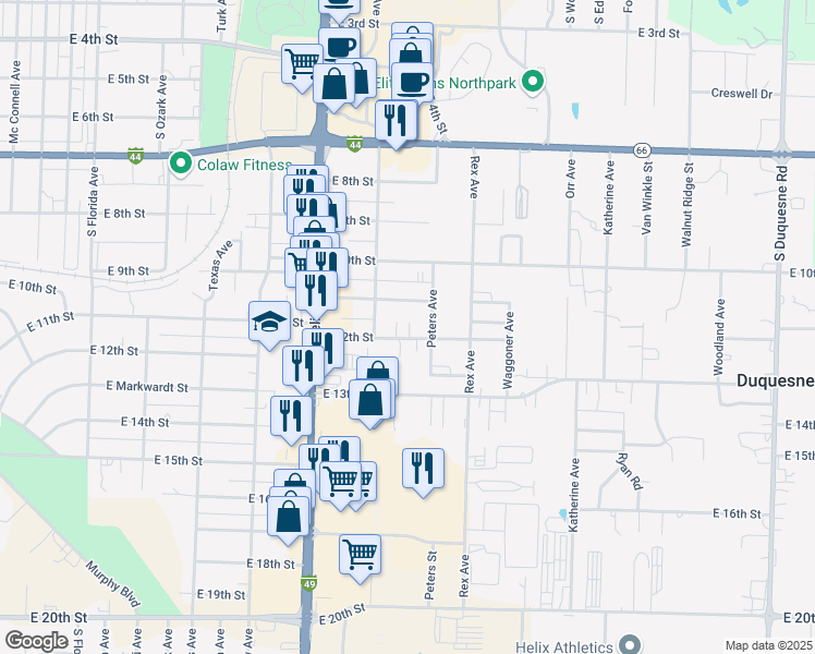 map of restaurants, bars, coffee shops, grocery stores, and more near 3111 E 12th St in Joplin