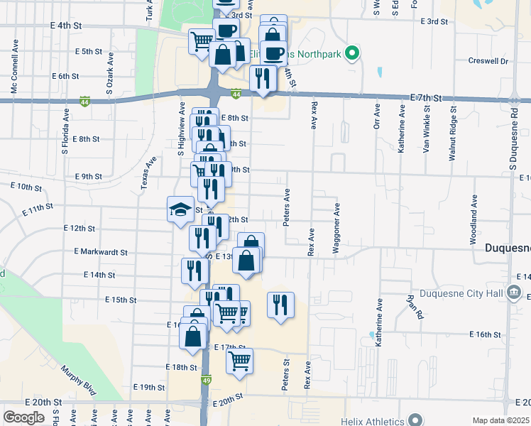 map of restaurants, bars, coffee shops, grocery stores, and more near 3111 E 12th St in Joplin