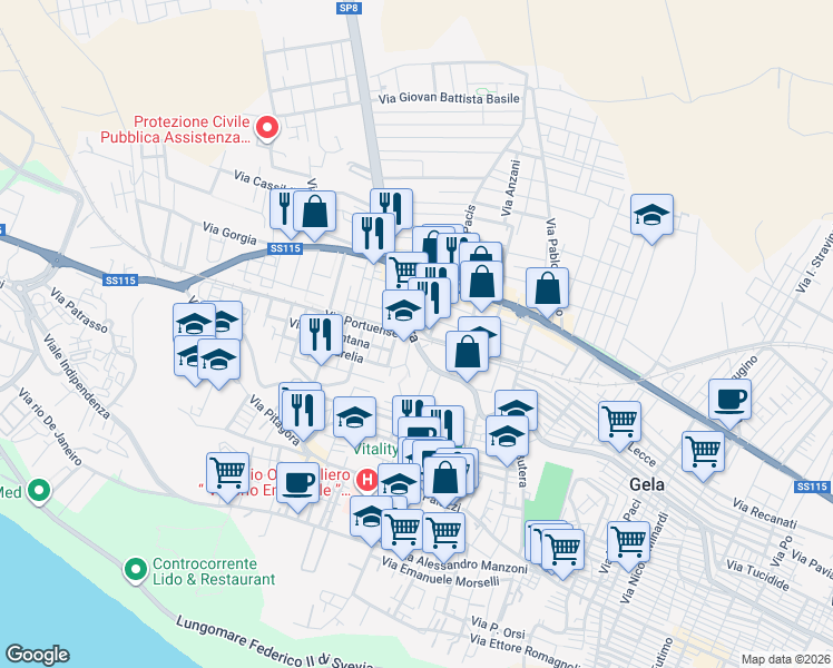 map of restaurants, bars, coffee shops, grocery stores, and more near 233 Largo Torelli in Gela