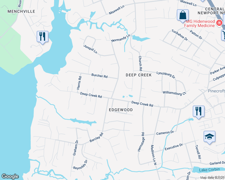 map of restaurants, bars, coffee shops, grocery stores, and more near 201 Harbor Watch Place in Newport News