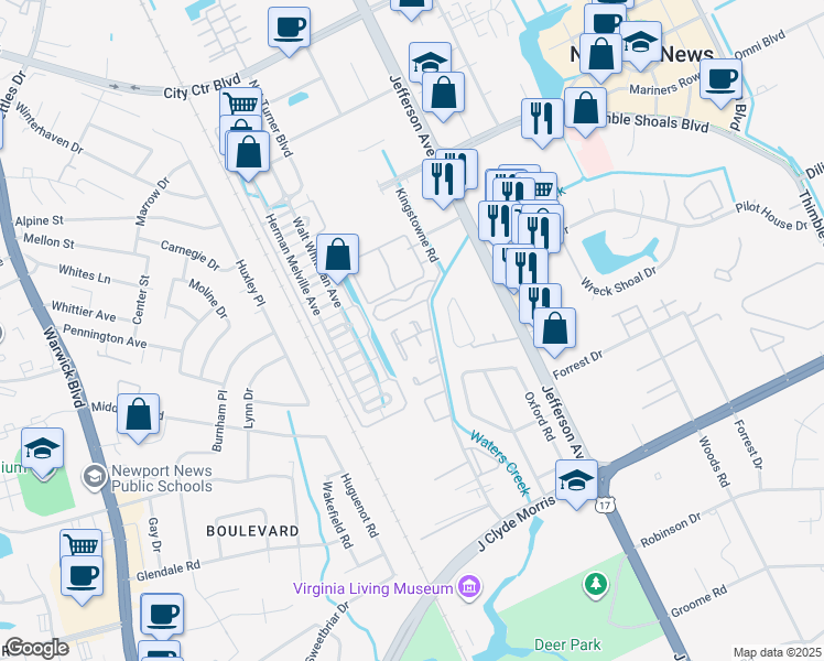 map of restaurants, bars, coffee shops, grocery stores, and more near 7 Dorsey Road in Newport News