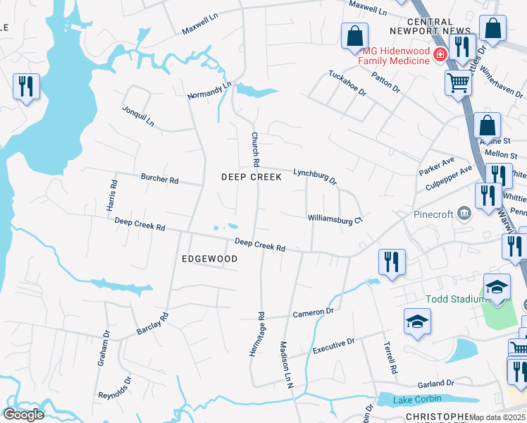 map of restaurants, bars, coffee shops, grocery stores, and more near 24 Church Road in Newport News