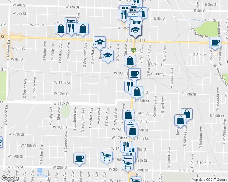 map of restaurants, bars, coffee shops, grocery stores, and more near 1050 South Wall Avenue in Joplin