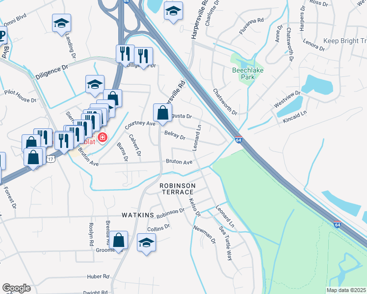 map of restaurants, bars, coffee shops, grocery stores, and more near 721 Nurney Drive in Newport News