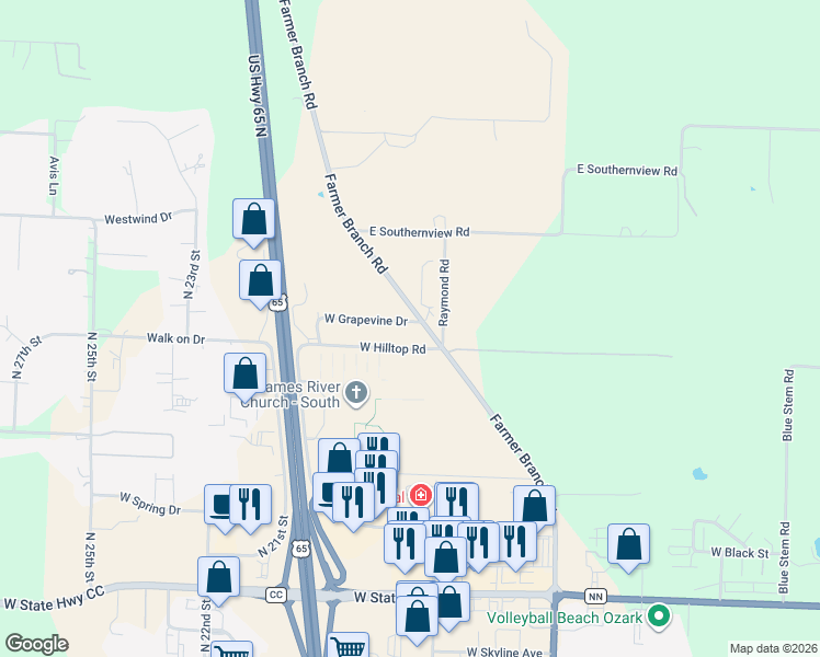 map of restaurants, bars, coffee shops, grocery stores, and more near 1782 West Grapevine Drive in Ozark