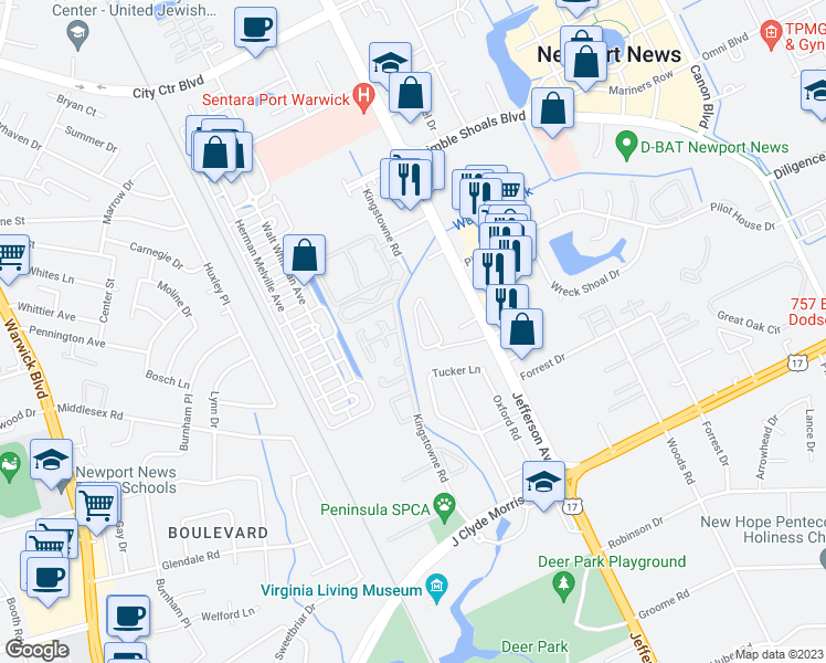 map of restaurants, bars, coffee shops, grocery stores, and more near 121 Candlewood Way in Newport News