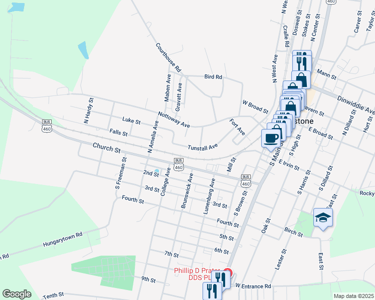 map of restaurants, bars, coffee shops, grocery stores, and more near 515 Tunstall Avenue in Blackstone
