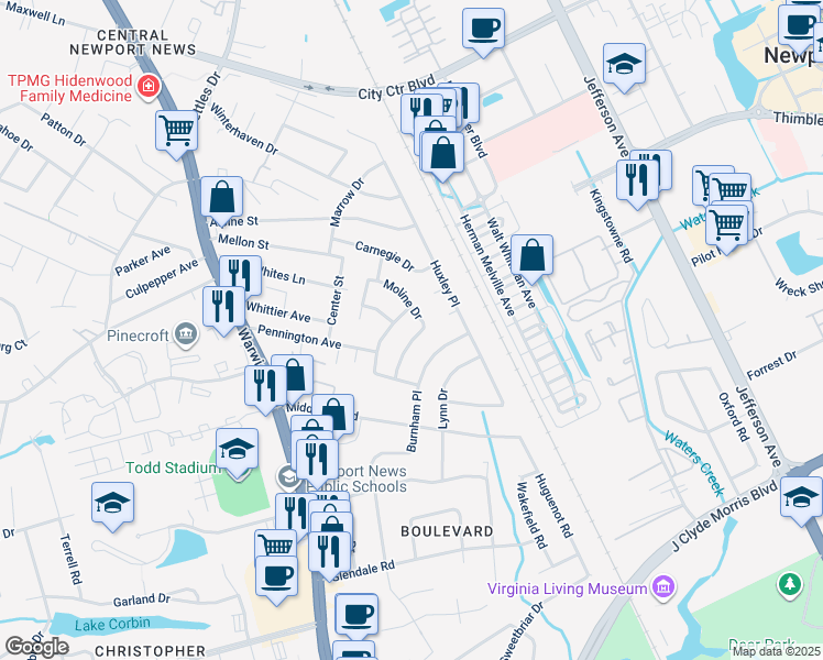 map of restaurants, bars, coffee shops, grocery stores, and more near 121 Kohler Crescent in Newport News