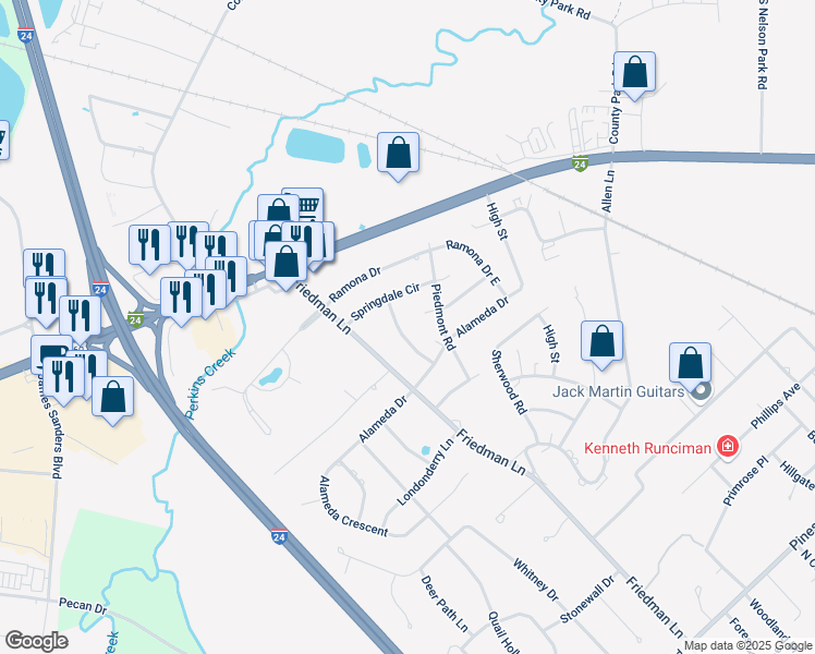 map of restaurants, bars, coffee shops, grocery stores, and more near 1334 Charleston Drive in Paducah