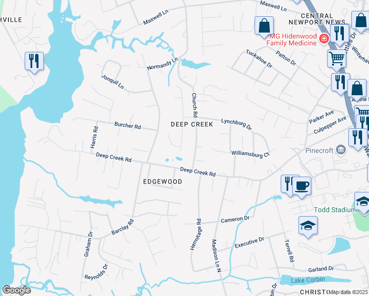map of restaurants, bars, coffee shops, grocery stores, and more near 6 Cherbourg Drive in Newport News