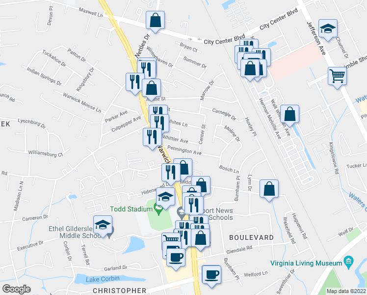 map of restaurants, bars, coffee shops, grocery stores, and more near 19 Pennington Avenue in Newport News