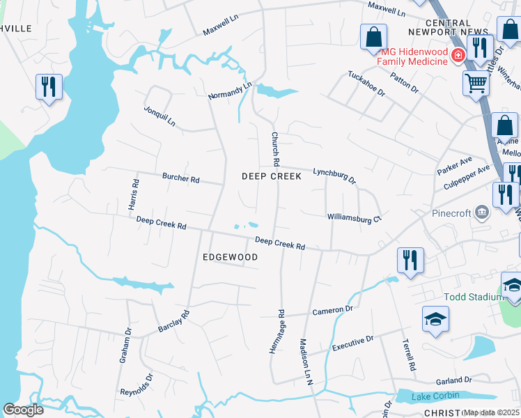 map of restaurants, bars, coffee shops, grocery stores, and more near 6 Cherbourg Drive in Newport News