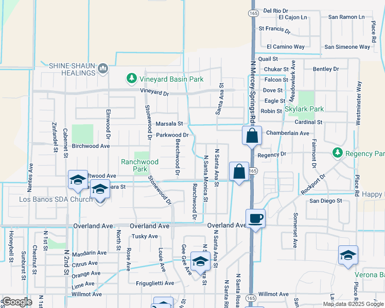 map of restaurants, bars, coffee shops, grocery stores, and more near 533 Ranchwood Drive in Los Banos