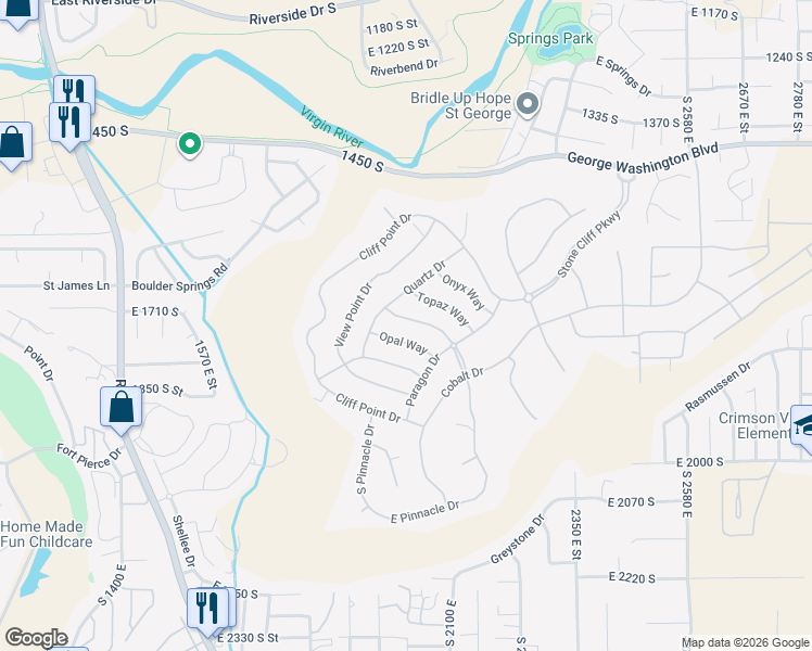 map of restaurants, bars, coffee shops, grocery stores, and more near 2030 Stone Canyon Drive in St. George