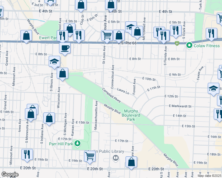 map of restaurants, bars, coffee shops, grocery stores, and more near 1102 Connecticut Avenue in Joplin