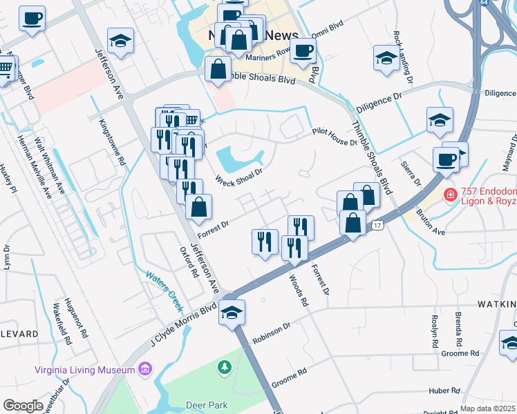 map of restaurants, bars, coffee shops, grocery stores, and more near 26 Forrest Drive in Newport News
