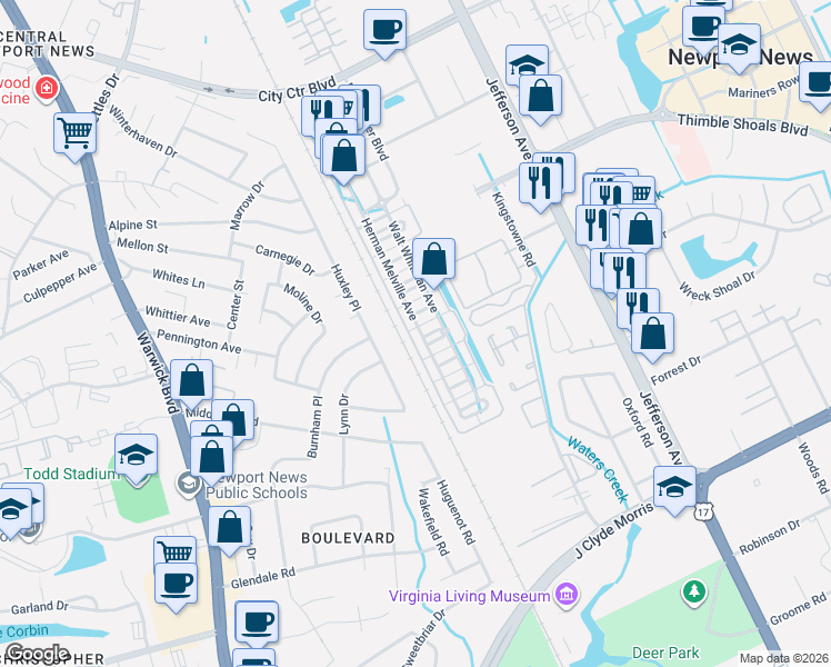 map of restaurants, bars, coffee shops, grocery stores, and more near 302 Mark Twain North in Newport News