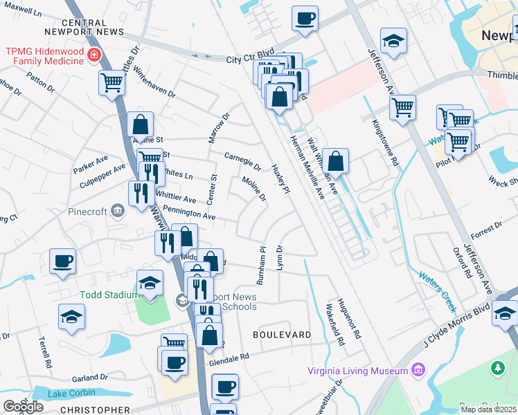 map of restaurants, bars, coffee shops, grocery stores, and more near 121 Kohler Crescent in Newport News