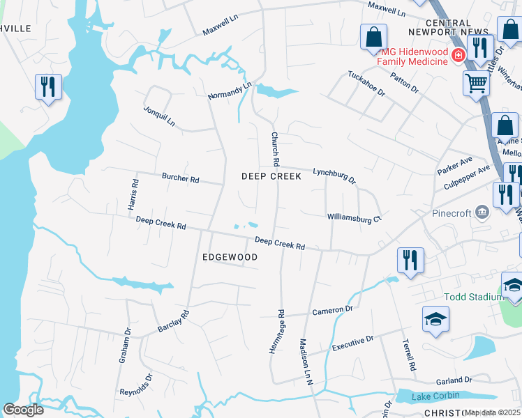 map of restaurants, bars, coffee shops, grocery stores, and more near 6 Cherbourg Drive in Newport News