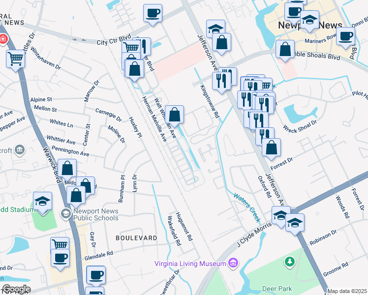 map of restaurants, bars, coffee shops, grocery stores, and more near 340 Walt Whitman Avenue in Newport News