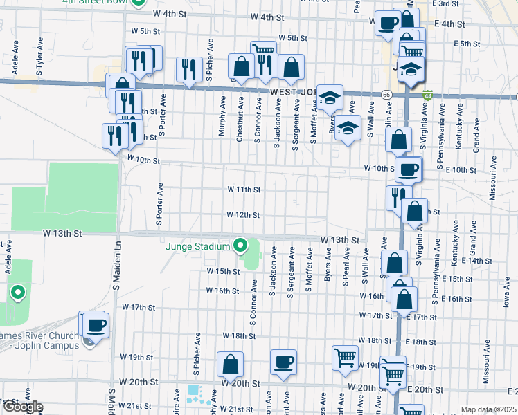 map of restaurants, bars, coffee shops, grocery stores, and more near 1124 South Jackson Avenue in Joplin