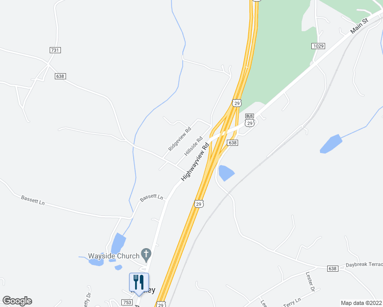 map of restaurants, bars, coffee shops, grocery stores, and more near 108 Hillside Road in Hurt
