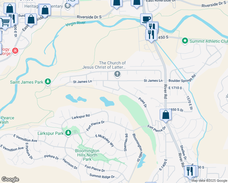 map of restaurants, bars, coffee shops, grocery stores, and more near 1076 East 1720 South in St. George