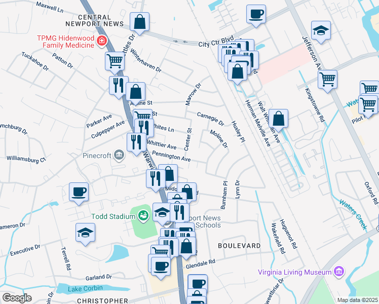 map of restaurants, bars, coffee shops, grocery stores, and more near 4 Center Street in Newport News