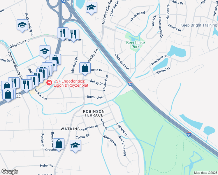map of restaurants, bars, coffee shops, grocery stores, and more near 304 Belray Drive in Newport News