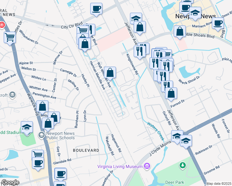 map of restaurants, bars, coffee shops, grocery stores, and more near 340 Walt Whitman Avenue in Newport News