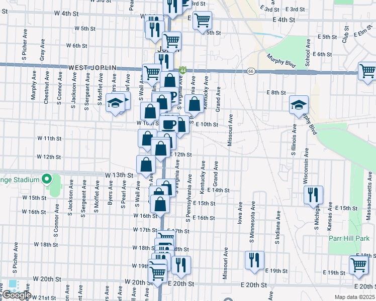 map of restaurants, bars, coffee shops, grocery stores, and more near 1152 South Pennsylvania Avenue in Joplin