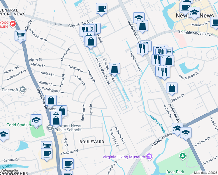 map of restaurants, bars, coffee shops, grocery stores, and more near 302 Mark Twain North in Newport News