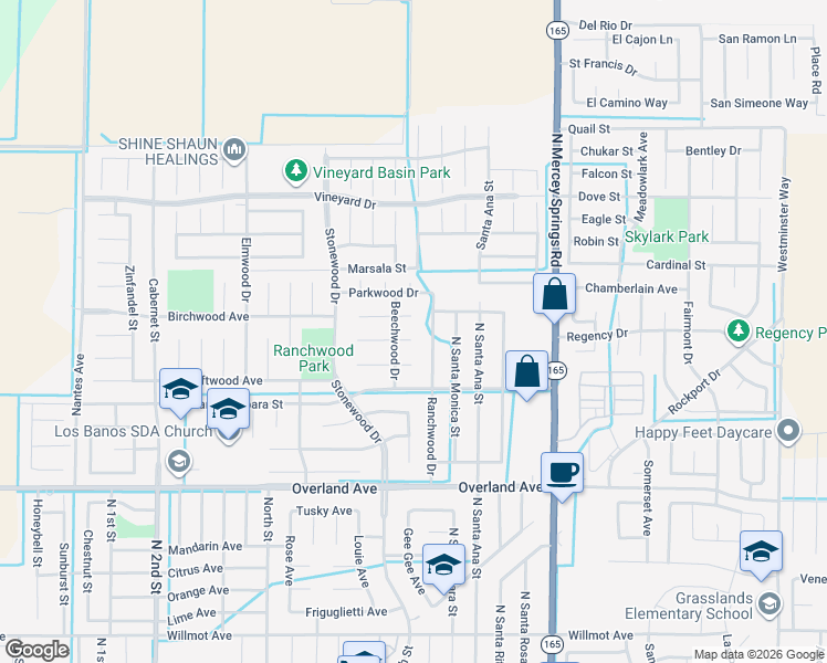 map of restaurants, bars, coffee shops, grocery stores, and more near 533 Ranchwood Drive in Los Banos