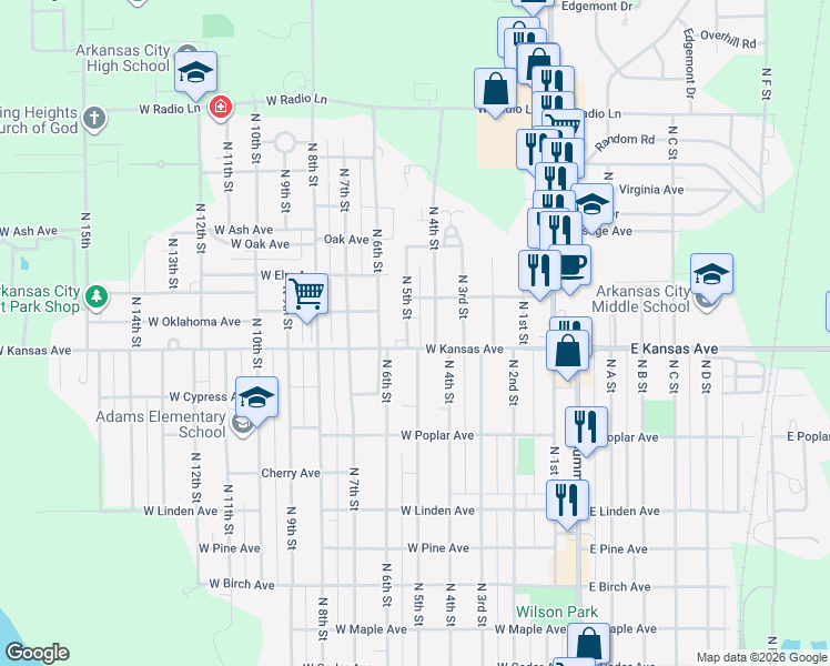 map of restaurants, bars, coffee shops, grocery stores, and more near 1408 North 5th Street in Arkansas City