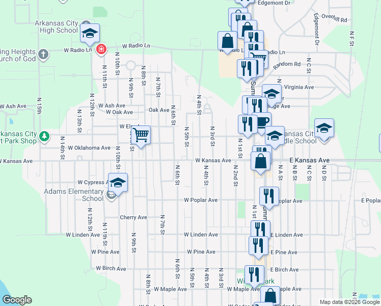 map of restaurants, bars, coffee shops, grocery stores, and more near 1408 N 5th St in Arkansas City
