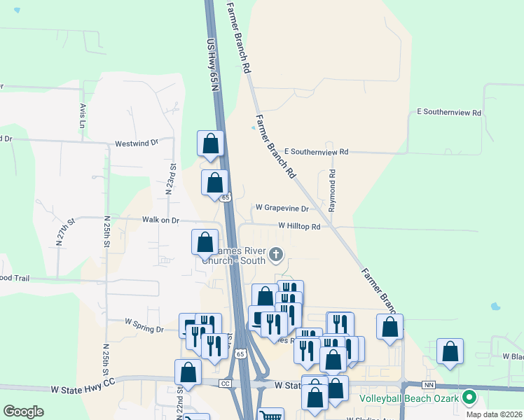 map of restaurants, bars, coffee shops, grocery stores, and more near 1978 West Grapevine Drive in Ozark
