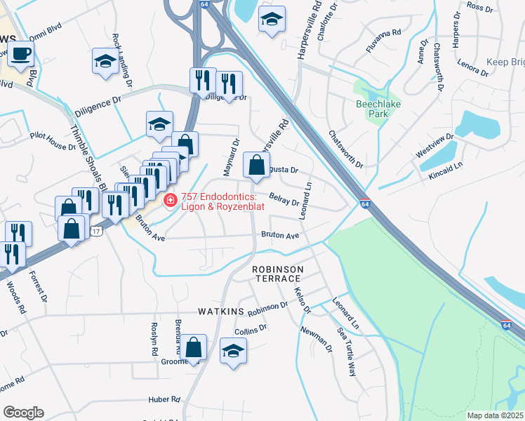 map of restaurants, bars, coffee shops, grocery stores, and more near 709 Nurney Drive in Newport News