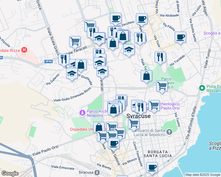 map of restaurants, bars, coffee shops, grocery stores, and more near 68 Viale Teracati in Syracuse