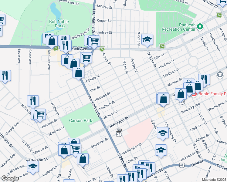 map of restaurants, bars, coffee shops, grocery stores, and more near 2536 Harrison Street in Paducah