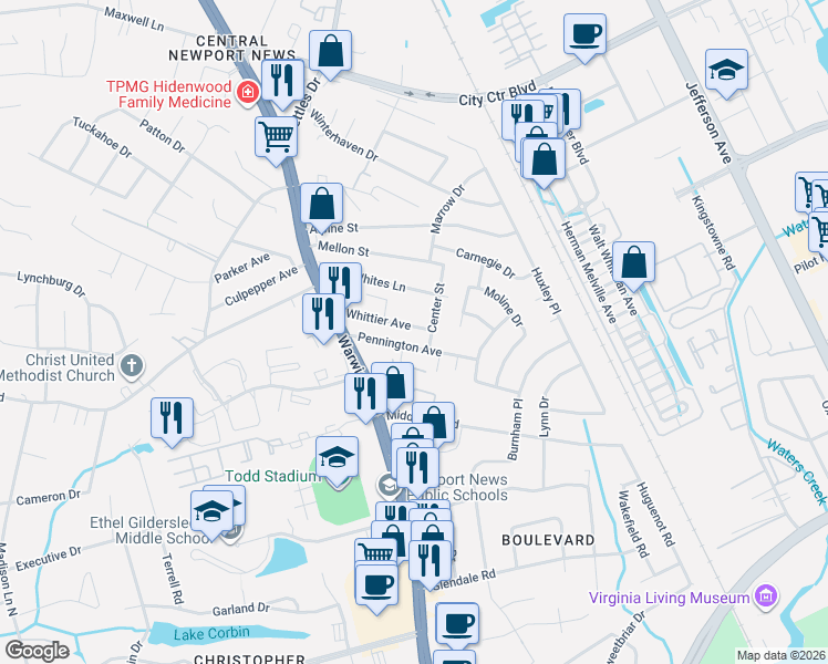 map of restaurants, bars, coffee shops, grocery stores, and more near 19 Pennington Avenue in Newport News