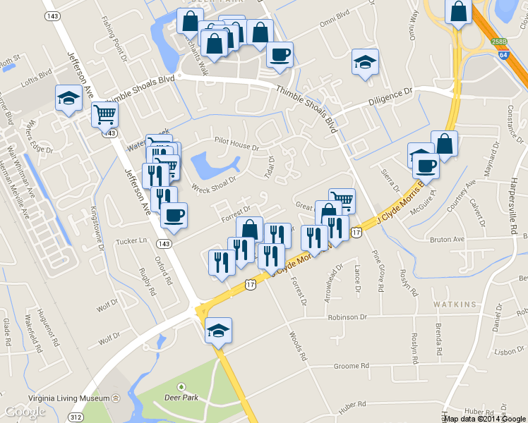 map of restaurants, bars, coffee shops, grocery stores, and more near 39 Forrest Drive in Newport News