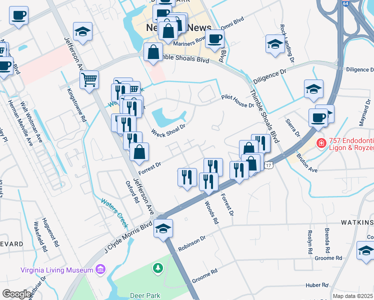 map of restaurants, bars, coffee shops, grocery stores, and more near 39 Forrest Drive in Newport News