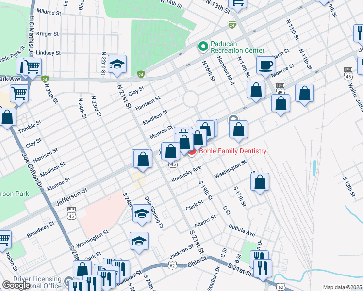 map of restaurants, bars, coffee shops, grocery stores, and more near 1900 Jefferson Street in Paducah