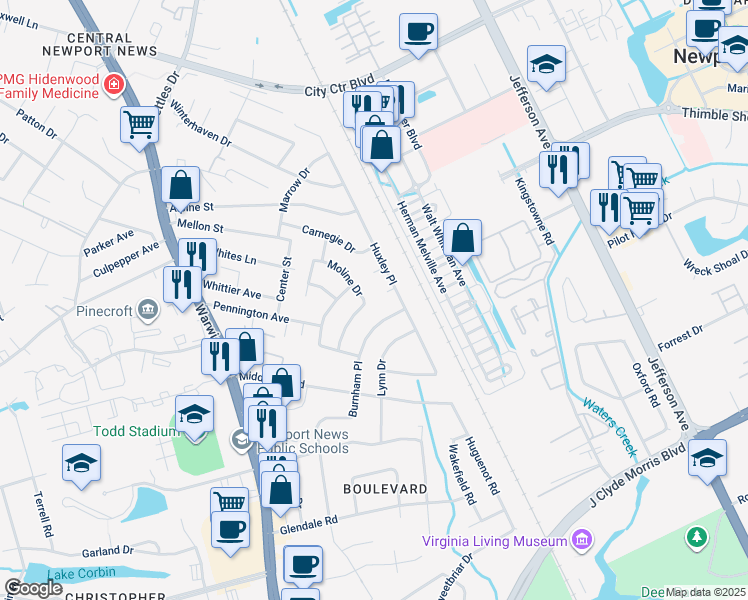 map of restaurants, bars, coffee shops, grocery stores, and more near 126 Moline Drive in Newport News